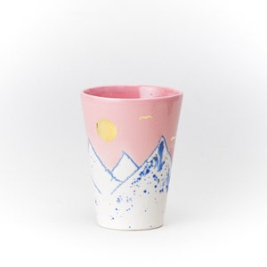 Pink Ceramic Cup Crayon Drawing Mountain pink Sky GOLD moon and birds Handmade by Iana Kaisheva image 2
