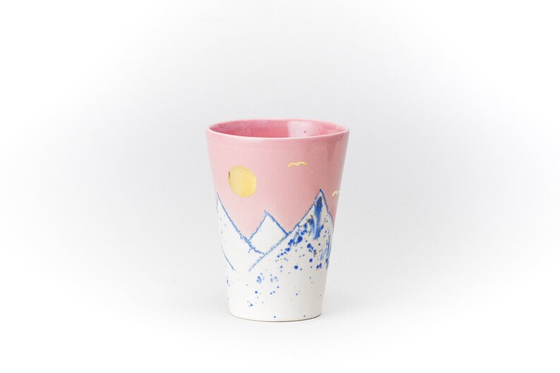 Pink Ceramic Cup Crayon Drawing Mountain pink Sky GOLD moon and birds Handmade by Iana Kaisheva image 2