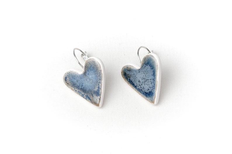 Blue Heart Ceramic Earrings Handmade Porcelain Jewelry Love Unique Metal Blue Glaze Heart Shape Ceramic Earrings by Iana Kaisheva image 5
