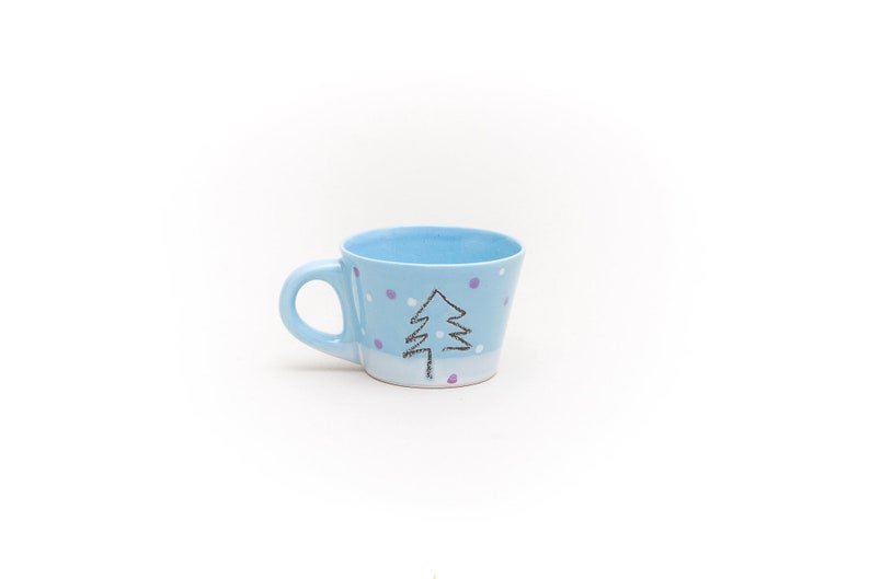 Blue Ceramic Cup Black Pine Tree Snow Purple and White dots Coffee Tea Cup Clay Pastel Colors Mug Handmade by Iana Kaisheva image 3