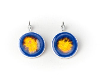 Yellow and Blue Ceramic Earrings Handmade Round Shape Lever back Ceramic Earrings Gift for Her  by Iana Kaisheva