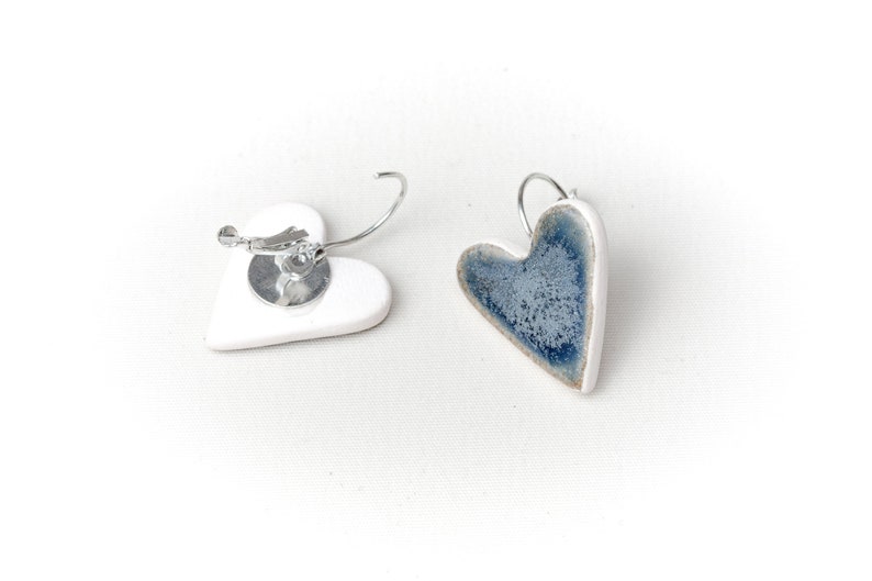 Blue Heart Ceramic Earrings Handmade Porcelain Jewelry Love Unique Metal Blue Glaze Heart Shape Ceramic Earrings by Iana Kaisheva image 6