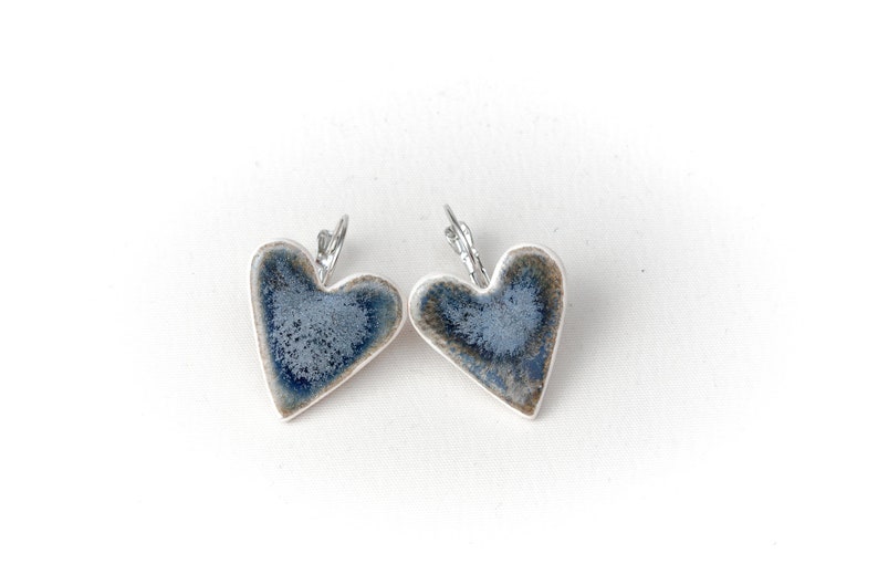 Blue Heart Ceramic Earrings Handmade Porcelain Jewelry Love Unique Metal Blue Glaze Heart Shape Ceramic Earrings by Iana Kaisheva image 2