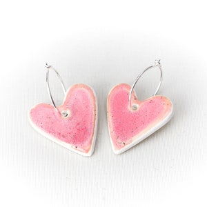 PINK Heart Ceramic Earrings Handmade Jewelry Silver Earring Hoop Pink Heart Ceramic Earrings by Iana Kaisheva image 1