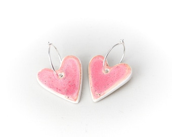 PINK Heart Ceramic Earrings Handmade Jewelry Silver Earring Hoop Pink Heart Ceramic Earrings by Iana Kaisheva