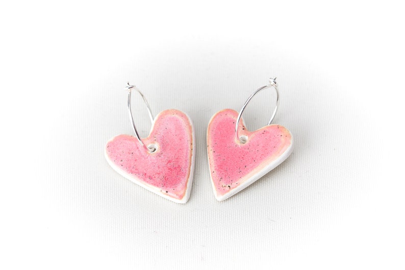 PINK Heart Ceramic Earrings Handmade Jewelry Silver Earring Hoop Pink Heart Ceramic Earrings by Iana Kaisheva image 1