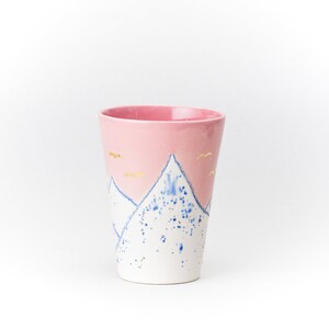 Pink Ceramic Cup Crayon Drawing Mountain pink Sky GOLD moon and birds Handmade by Iana Kaisheva image 6
