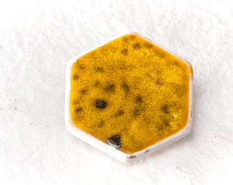 Yellow Hexagon Ceramic Brooch Handmade Pin Big Porcelain Jewelry Badges Ceramic Brooch by Iana Kaisheva