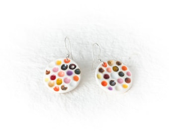 Color Dots Ceramic Earrings Silver Hook Jewelry Handmade Warm Color dots Holes Orange Pink Red earrings by Iana Kaisheva