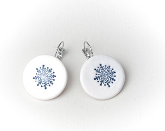 White Ceramic Earrings with Snowflake blue print Handmade Porcelain Jewelry Gift for Her Round Shape ceramic earrings by Iana Kaisheva