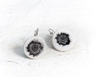 Black and White Ceramic Earrings Round Shape Lever back Graphic watercolor effect drop handmade by Iana Kaisheva