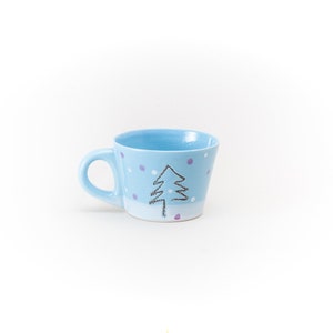 Blue Ceramic Cup Black Pine Tree Snow Purple and White dots Coffee Tea Cup Clay Pastel Colors Mug Handmade by Iana Kaisheva image 4