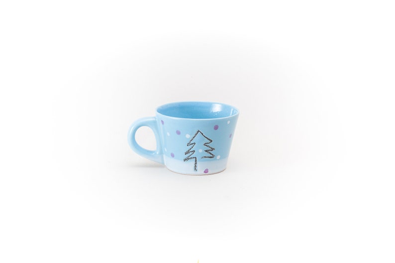 Blue Ceramic Cup Black Pine Tree Snow Purple and White dots Coffee Tea Cup Clay Pastel Colors Mug Handmade by Iana Kaisheva image 4