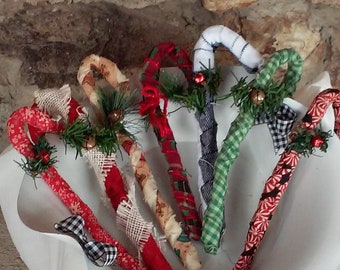 Primitive Wrapped Candy Canes Set of 3 Tagged Rusty pin bell Winter Cabin Decor 