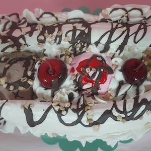 Whimsical Fake Banana Split, Fake Candyland Banana Split, Pastel Banana Split, Fake Banana Split,  Banana Split, Fake Candyland Ice Cream,