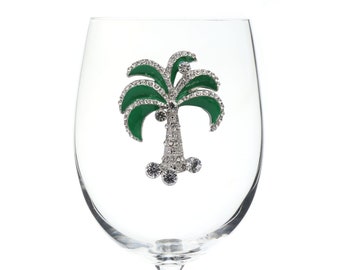 The Queens Jewels - Green Diamond Palm Tree Jeweled Wine Glass  - Unique Gift for Women Birthday Cute Queen Not Painted Decorated Bling