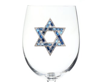The Queens Jewels - Star Of David Jeweled Wine Glass  - Unique Gift for Women Birthday Cute Queen Not Painted Decorated Bling Bedazzled