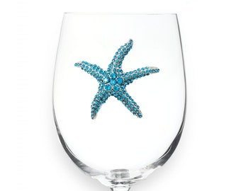 The Queens' Jewels -  Blue Starfish Jeweled Wine Glass  - Unique Gift For Women Birthday Cute Queen Not Painted Decorated Bling Bedazzled