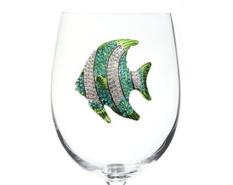 The Queens Jewels - Turquoise Tropical Fish Jeweled Wine Glass  - Unique Gift for Women Birthday Cute Queen Not Painted Decorated