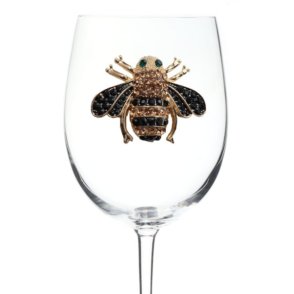 The Queens Jewels - Queen Bee Jeweled Wine Glass  - Unique Gift for Women Birthday Cute Queen Not Painted Decorated Bling Bedazzled