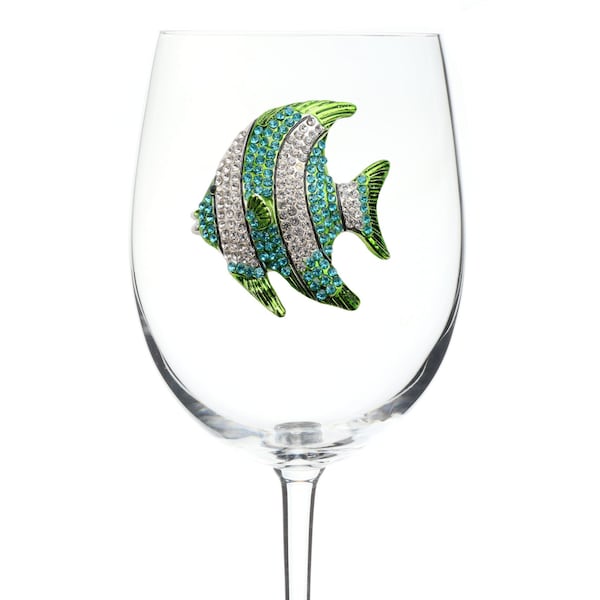 The Queens Jewels - Turquoise Tropical Fish Jeweled Wine Glass  - Unique Gift for Women Birthday Cute Queen Not Painted Decorated