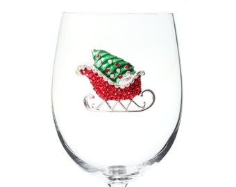 The Queens Jewels - Red Christmas Sleigh Jeweled Wine Glass  - Unique Gift for Women Birthday Cute Queen Not Painted Decorated Bling
