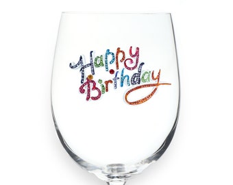 The Queens Jewels - Happy Birthday Jeweled Wine Glasses  - Unique Gift for Women Birthday Cute Queen Not Painted Decorated Bling Bedazzled