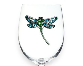 The Queens Jewels - Dragonfly Jeweled Wine Glass  - Unique Gift for Women Birthday Cute Not Painted Decorated Rhinestone Bling Nature Insect