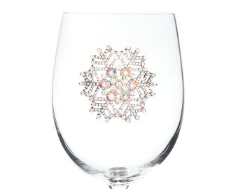 The Queens Jewels - Snowflake Jeweled Wine Glass  - Unique Gift for Women Birthday Cute Queen Not Painted Decorated Bling Bedazzled