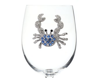 The Queens' Jewels -  Blue Crab Jeweled Wine Glass  - Unique Gift For Women Birthday Cute Queen Not Painted Decorated Bling Bedazzled