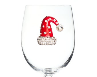 The Queens Jewels - Christmas Hat Jeweled Wine Glass  - Unique Gift for Women Birthday Cute Queen Not Painted Decorated Bling Bedazzled
