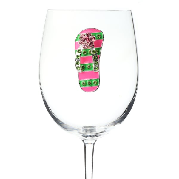 The Queens Jewels - Pink And Green Flip Flop Jeweled Wine Glass  - Unique Gift for Women Birthday Cute Queen Not Painted Decorated