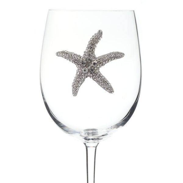 The Queens Jewels - Starfish Jeweled Wine Glass - Unique Gift for Women Birthday Cute Queen Not Painted Decorated Bling Bedazzled Rhinestone