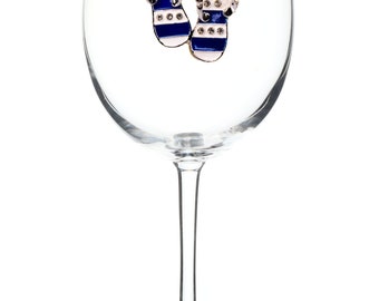 The Queens' Jewels -  Blue and White Flip-Flop Jeweled Glassware  - Unique Gift for Women Birthday Cute Not Painted Bling Bedazzled