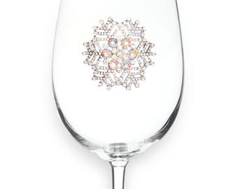 The Queens Jewels - Snowflake Jeweled Wine Glass  - Unique Gift for Women Birthday Cute Queen Not Painted Decorated Bling Bedazzled