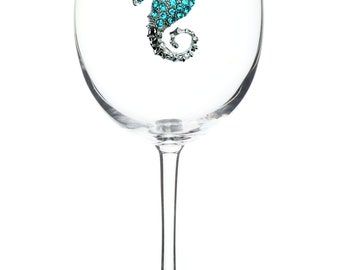 The Queens' Jewels -  Blue Seahorse Jeweled Glassware  - Unique Gift for Women Birthday Cute Not Painted Bling Bedazzled