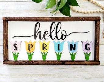 Farmhouse Hello Spring sign, Country spring tulips sign, Framed farmhouse decor