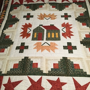 Our House Hand Quilted, Queen size Quilt 96 x 112, Green, Yellow, Red, Orange,