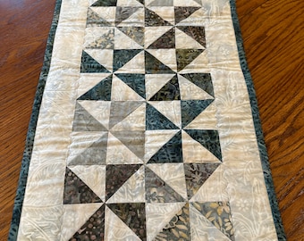 Grayish Green Patchwork Table Runner.  So pretty. Quilted with a decorative stitch.  13 inches wide by 24 inches long.