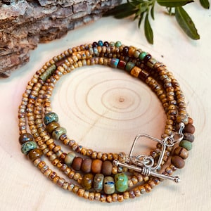 Boho artistic coffee brown wrap bracelet, with Aged Picasso seed beads, long necklace, minimalist jewelry