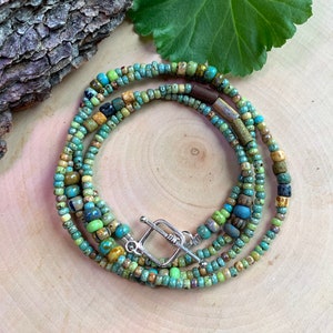 Boho artistic turquoise, green, caramel beaded wrap bracelet or long necklace with Picasso seed beads, minimalist jewelry