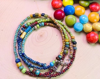 Boho colorful beaded wrap bracelet or long necklace, blue, turquoise, green, red, tan