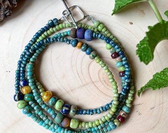 Boho Artistic Green Turquoise Blue Wrap Bracelet or long Necklace, minimalist jewelry