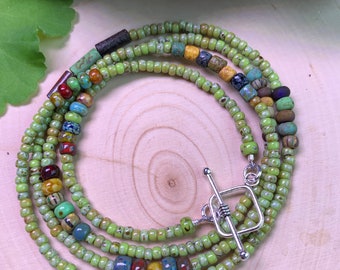 Boho Green Seed Bead Wrap Bracelet, Picasso Beads, Pewter Clasp