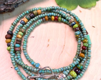 Boho artistic turquoise wrap bracelet, or long necklace with Picasso seed beads, multi strand bracelet, stacked bracelet, minimalist jewelry