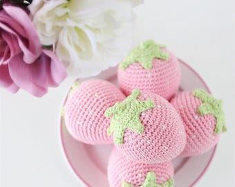 Crochet Pink Strawberry Toy / Teething Toy for Baby / Pretend Play Food/ Playroom or Nursery Decor / Kitchen Decor