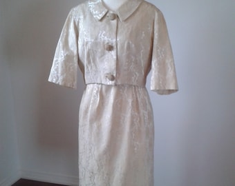 VINTAGE 2pce Suit Dress, 1950's Brocade Creme,Large Buttons
