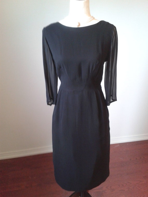 1950's Black Fitted Wiggle Dress Chiffon Sleeves.