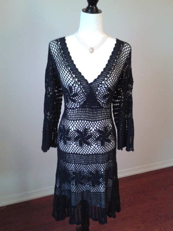 CROCHETED DRESS Vinatge Black Cotton Sheer