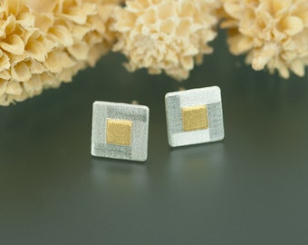 Silver earrings with fine gold squares